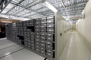 The repository stores archaeological collections on a large moveable shelving system
